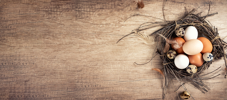 Easter eggs in nest on vintage plank, directly aboveの写真素材