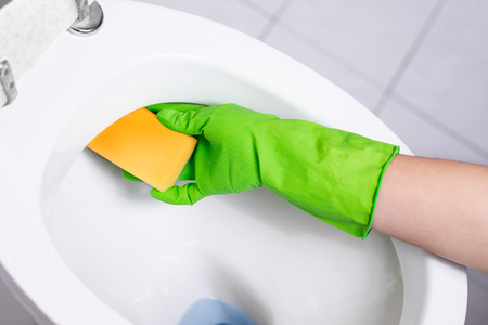 Gloved hand cleaning toilet bowl using spongeの写真素材