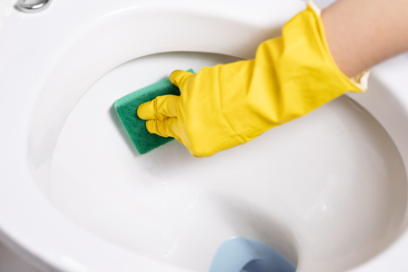 cleaning toilet, hand in protective glove with sponge in toilet bowlの写真素材