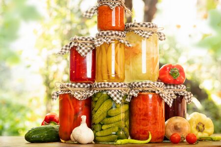 canned vegetables, preparation for winter, variety of vegetablesの写真素材