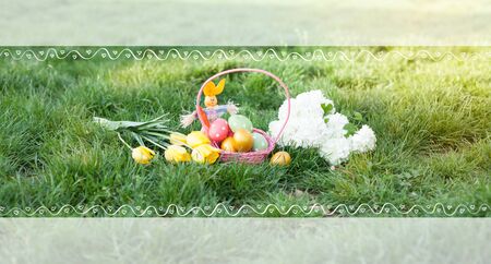 Easter eggs in basket and Easter decoration on meadow with flowerの写真素材