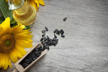 Sunflower oil, seeds and flower on light wooden background. Top view with copy spaceの写真素材