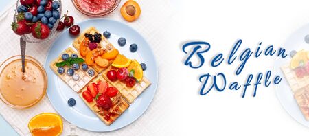 Belgian waffle on table with white copy space, advertising food bannerの写真素材