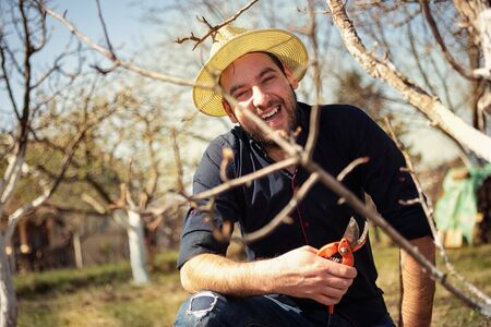 Smiling farmer pruning branches of fruit tree in season of the spring.の写真素材