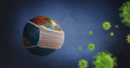 Coronavirus, earth with protect mask with microscopic view of floating China pathogen respiratory influenza virus cells. Dangerous corona virus, pandemic risk backgroundの写真素材