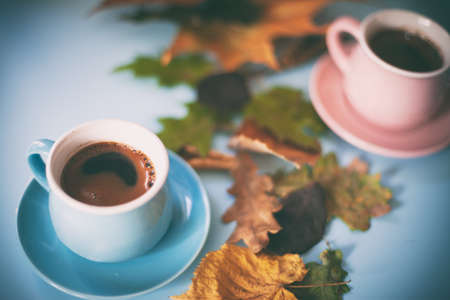 Two of coffee cup over wooden, dry autumn leaves