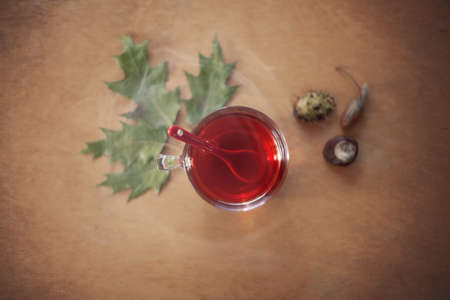 Autumn concept with fallen leaves and hot tea, top view