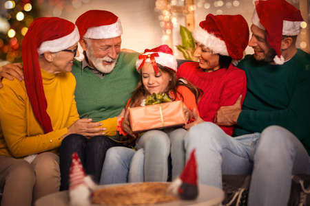 Surprised little girl looking at Christmas present while sitting in living room with her family