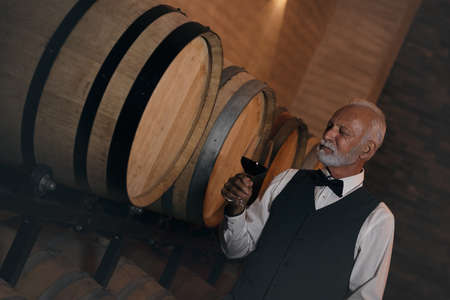 Portrait of a handsome mature man standing in a wine cellar with a glass of red wine