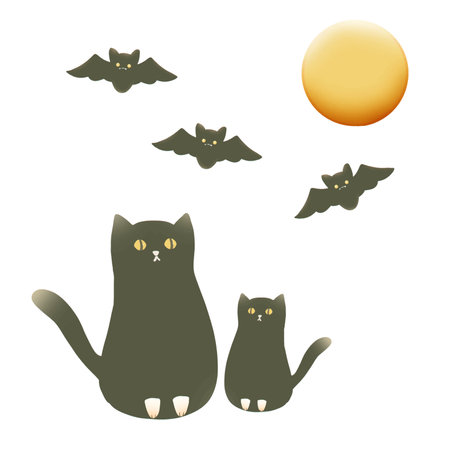 Halloween cats and bats flying in the night. Vector illustration.のイラスト素材