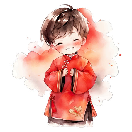 Boy wears a traditional red outfit during Chinese New Yearのイラスト素材