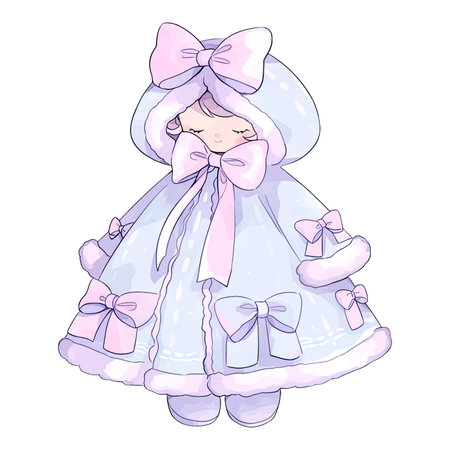 Cute cartoon girl in a blue dress with a pink bow, Ai generativeのイラスト素材