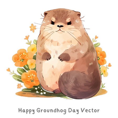 Groundhog Day holiday watercolor marmot elements in cartoon styleのイラスト素材