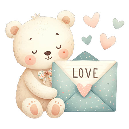 Cute teddy bear with love letter and hearts. Vector illustration.のイラスト素材