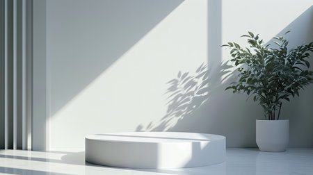 3d render of white podium for product display in modern interior with shadow on the wallの素材