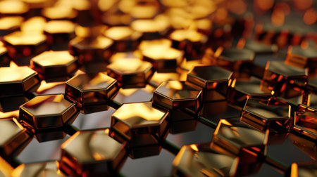 3d rendering of abstract metallic hexagons background in golden color.の素材