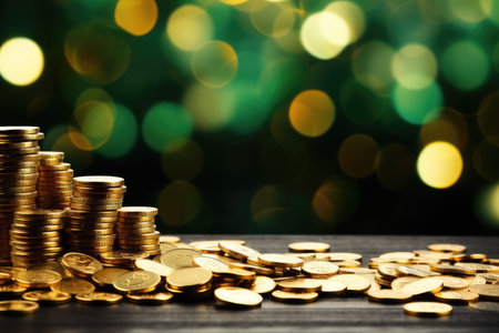 Stacks of gold coins on wooden table and bokeh backgroundの素材