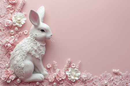 Easter background with white rabbit, flowers and lace on pink backgroundの素材