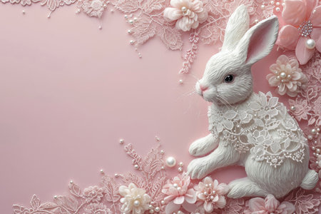 Easter background with white rabbit and flowers on pink. Top viewの素材