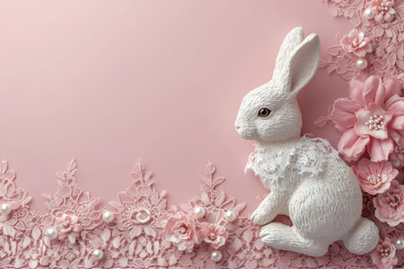 Easter background with white rabbit, flowers and lace on pink backgroundの素材