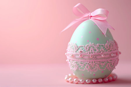 Easter egg decorated with lace and pearls on pink background.の素材