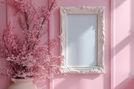 Vase with pink flowers and frame on pink wall, interior designの素材
