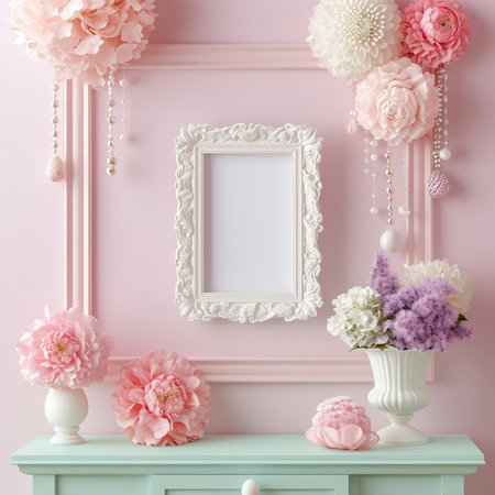 Vintage frame mockup with flowers in vase. 3d renderの素材
