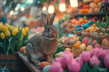 Live Bunny with Decorative Easter Eggs and Tulipsの素材