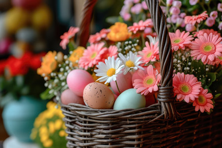 Easter basket filled with pastel colored eggs and spring flowers including daisies and gerberasの素材