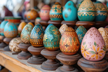 Hand painted Easter eggs, adorned with various patterns, displayed neatly in rowsの素材