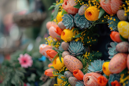 Easter floral arrangement featuring bright spring flowers and decorated eggs nestledの素材