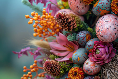 Easter floral arrangement featuring bright spring flowers and decorated eggs nestledの素材