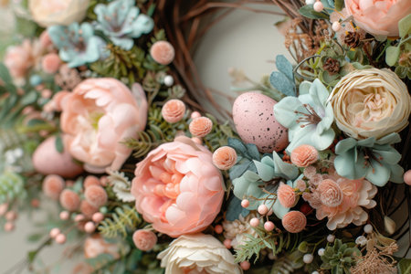Close-up of a colorful Easter wreath featuring bright flowers and speckled eggsの素材