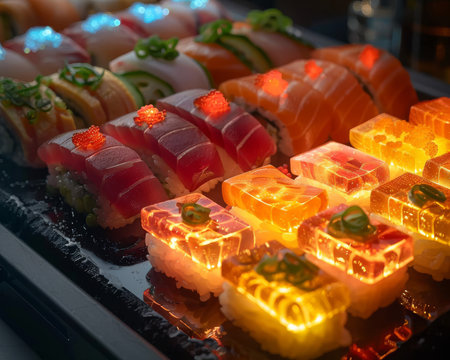 A contemporary presentation of sushi, featuring a backlit transparent serving tray on a wooden kitchen table with soft lightingの素材