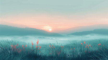 Misty Sunrise Over Flowering Meadowの素材
