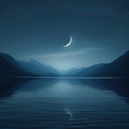 Crescent Moon Over Calm Lake at Nightの素材