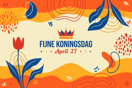Fijne Koningsdag vector illustration. Happy King's Day April 27. Tulip and Memphis poster design. Amsterdam Netherlands Dutch celebration. Social media post, Greeting card and banner graphic resourceのイラスト素材