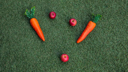 Carrot and apple decoration props on a green grass backgroundの写真素材
