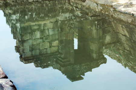 water reflection of the ruin of ratu boko palaceの写真素材