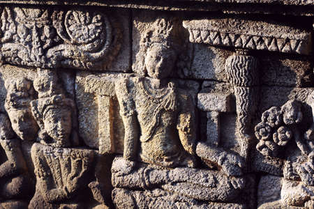 fine relief on the wall of borobudur templeの写真素材