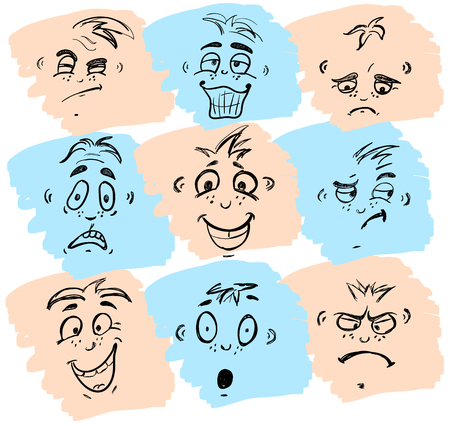 Hand drawn emoticons or smileys each with a different facial expression and emotion, sketched outline on whiteのイラスト素材