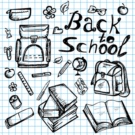 Back to School supplies sketchy notebook doodles with books, backpack, and stationery - Hand-Drawn Vector Illustrationのイラスト素材