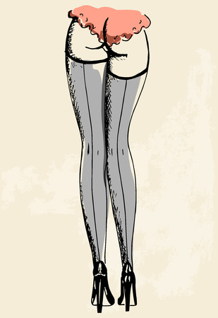 Hand drawn sexy woman stockings, black heels and pink lingerie, vector illustrationのイラスト素材