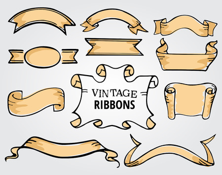 Hand drawn set of vintage yellow paper banners and ribbons on gray gradient backgroundのイラスト素材