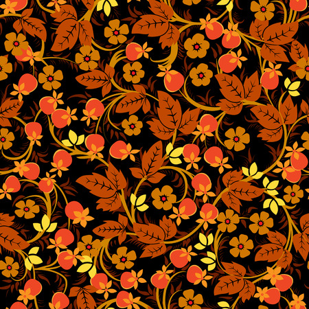 The traditional Russian floral seamless pattern on black background, ornament in Khokhloma styleのイラスト素材