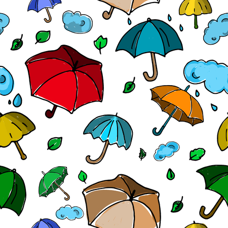 Autumn seamless pattern with colorful umbrellas, leaves and rain drops on white backgroundのイラスト素材