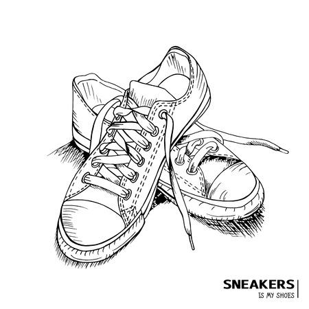 Hand drawn funky gumshoes skateboard fashion urban sneakers in black and white colors with title 'Sneakers is my shoes', vector illustrationのイラスト素材