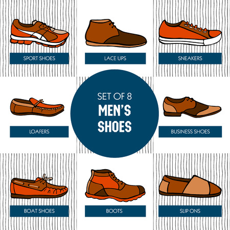 Vector graphic set of hand drawn men's shoes in brown and orange colors. Beautiful illustration of stylish accessories for your design on stripes background.のイラスト素材