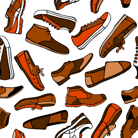 Seamless pattern of hand drawn men's shoes in brown and orange colors on white background. Stylish colorful texture for your designのイラスト素材