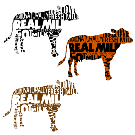 Set of cow silhouettes with random words and phrases in shape. Real and natural milk.のイラスト素材